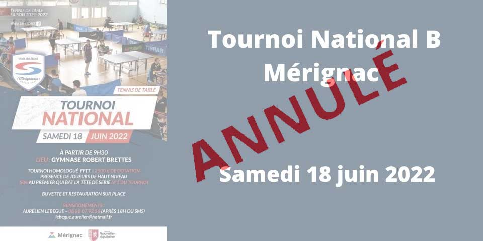 Annulation Tournoi National B - 18 juin 2022 - Mérignac (33)