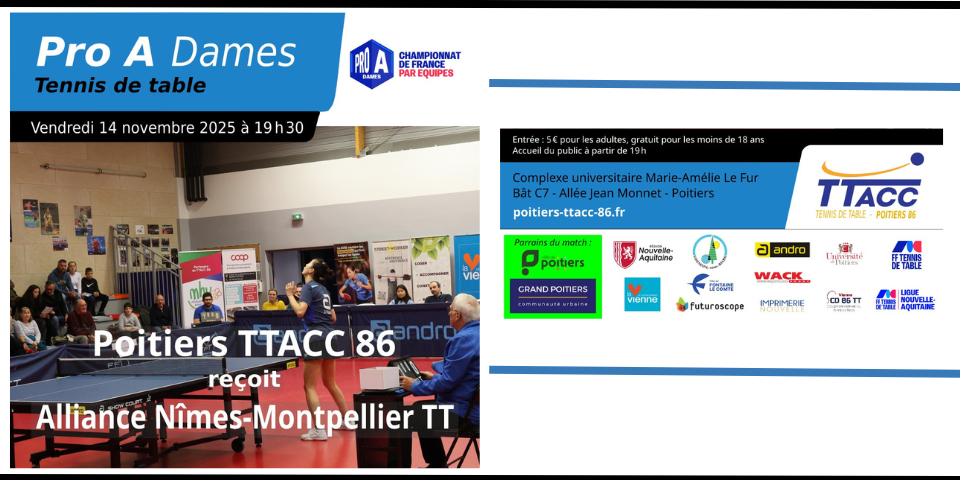 PRO A - Poitiers TTACC 86 reçoit Alliance Nîmes-Montpellier TT - 14 novembre 2025