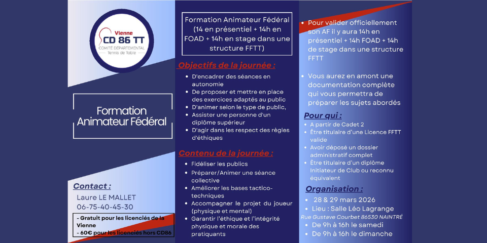CD86 - Formation Animateur Fédéral - 28 & 29 mars 2026 - Naintré (86)