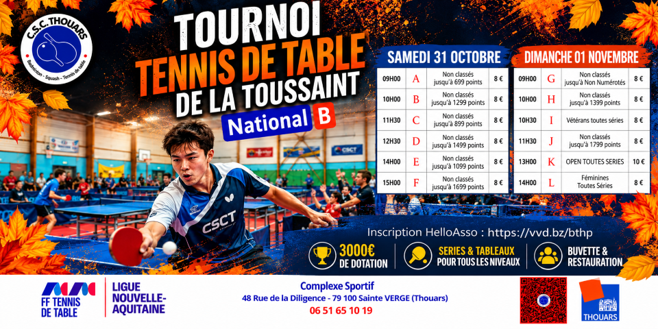 Tournoi National B - 31 octobre & 1er novembre 2026 - Thouars (79)